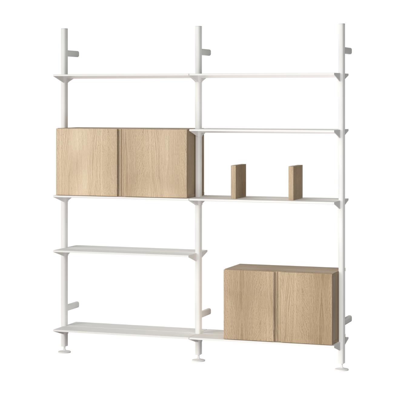 White shelving unit with wooden shelves on a white background