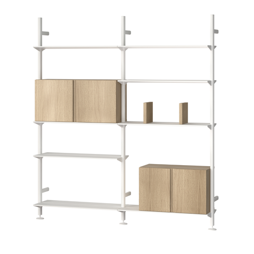 White shelving unit with wooden shelves on a white background